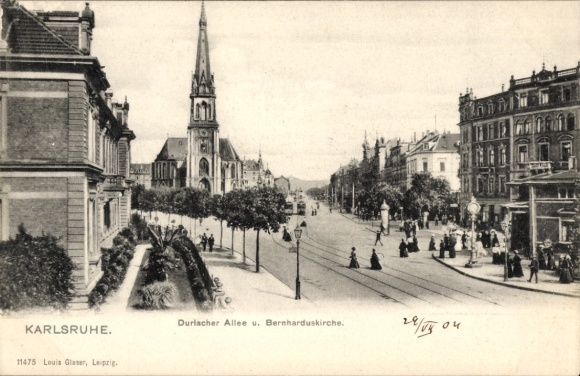 Ak Karlsruhe in Baden,  Durlacher Allee, Bernharduskirche, Straßenansicht