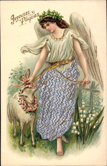 Präge Litho Glückwunsch Ostern, Frau, Schaf
