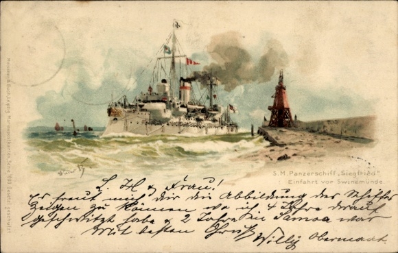 Künstler Litho Bohrdt, Hans, Swinemünde, Deutsches Kriegsschiff, SMS Siegfried, Panzerschiff