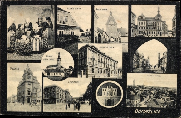 Ak Domažlice Taus Region Pilsen, Panorama, Rathaus, Gymnasium, Schule, Frauen in Tracht