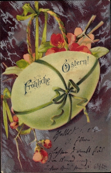 Ak Glückwunsch Ostern, Osterei mit Schleife, Blumen, Korb