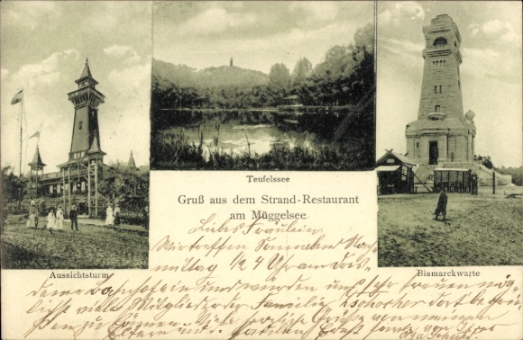 Ak Berlin Köpenick, Müggelsee, Strandrestaurant, Aussichtsturm, Bismarckwarte