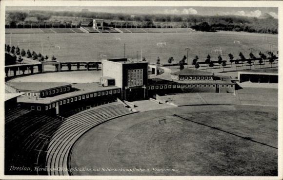 Ak Wrocław Breslau Schlesien,  Hermarg-Stadion, Schlesierkampfbahn, Friesenwiese