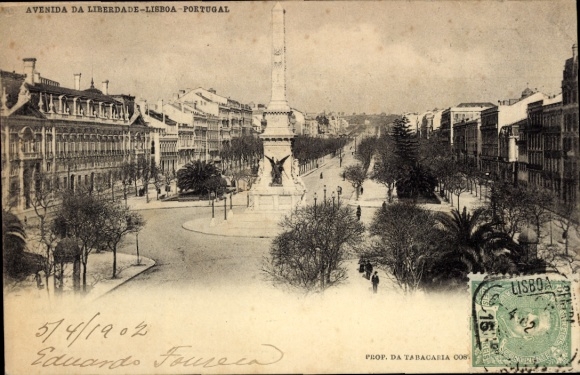 Ak Lisboa Lissabon Portugal, Avenida da Liberdade,  Obelisk, Bäume, Straßenansicht