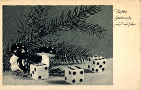 Ak Glückwunsch Neujahr, Fliegenpilze, Würfel