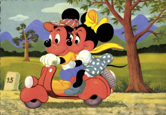 Ak Walt Disney, Mickey Mouse, Minnie Mouse, Motorroller