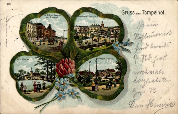 Kleeblatt Litho Berlin Tempelhof, Garde Train Kaserne, Bahnhof, Garnison-Lazarett, Kirche, Denkmal