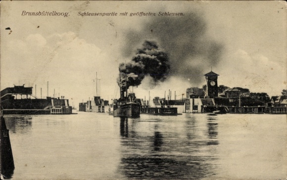Ak Brunsbüttelkoog Brunsbüttel in Dithmarschen, Schleusenpartie mit geöffneten Schleusen