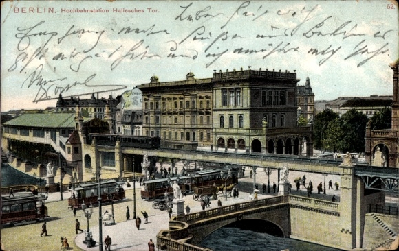 Ak Berlin Kreuzberg, Hochbahnstation Hallesches Tor, Hochbahn, Straßenbahn