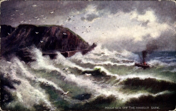 Künstler Ak Kanalinsel Sark, Raue See vor dem Hafen