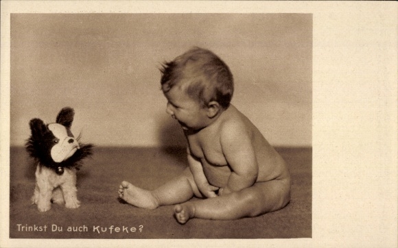Ak Trinkst du auch Kufeke?, Säuglingsnahrung, Diät-Suppe, Reklame, Kleinkind mit Stoffhund
