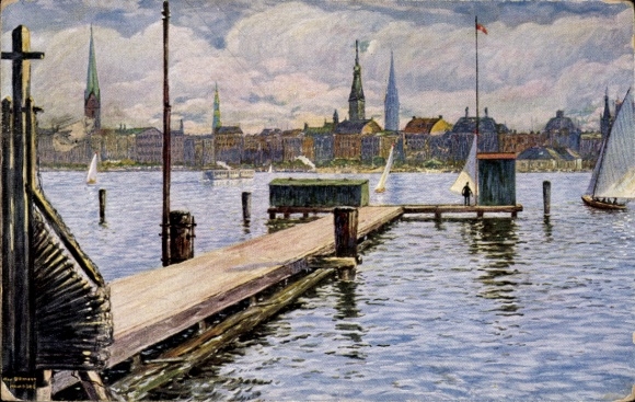 Künstler Ak Ullmann, Max, Hamburg, Binnenalster, Steg, Segelboote