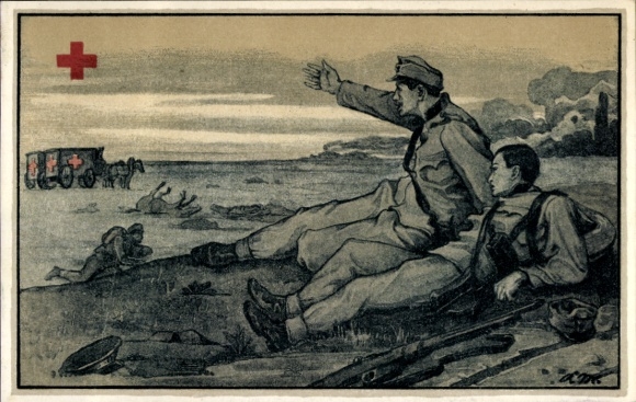 Künstler Ak Österreichisches Rotes Kreuz, Verwundete Soldaten der Kuk Armee, 1. WK