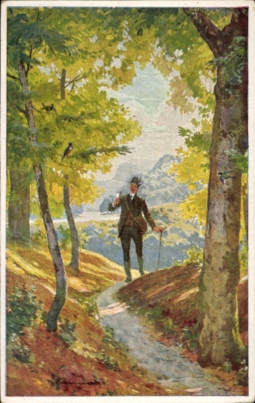 Künstler Ak Ich ging durch einen grasgrünen Wald, Da hört' ich die Vögelein singen, Wanderer