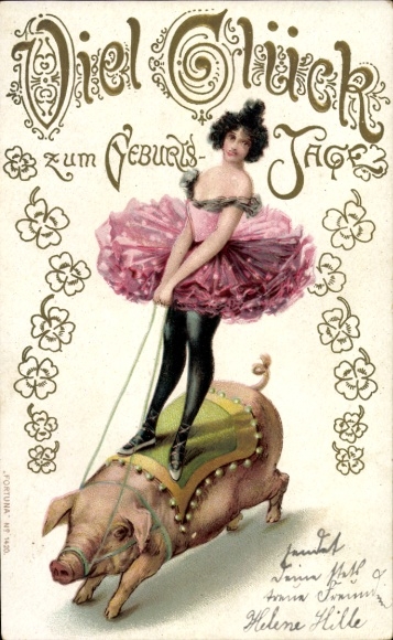 Ak Glückwunsch Geburtstag, Zirkus, Frau reitet auf einem Schwein