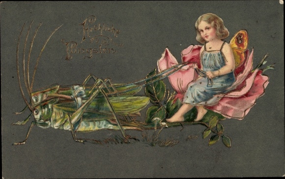 Präge Litho Glückwunsch Pfingsten, Elfe, Grashüpfer, Rosenblüte