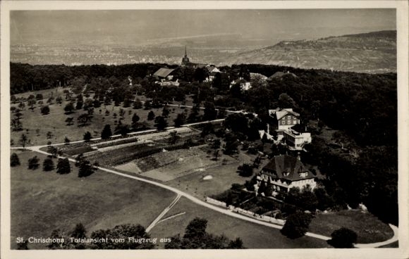 Ak Bettingen Kanton Basel Stadt, Berg Sankt Chrischona, Fliegeraufnahme