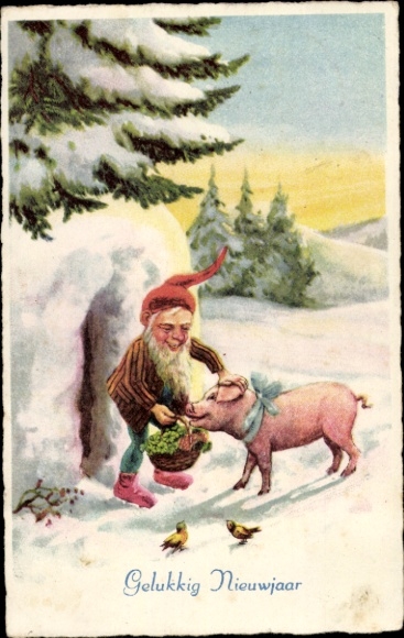 Ak Glückwunsch Neujahr, Zwerg, Schwein, Korb mit Kleeblättern, Vögel