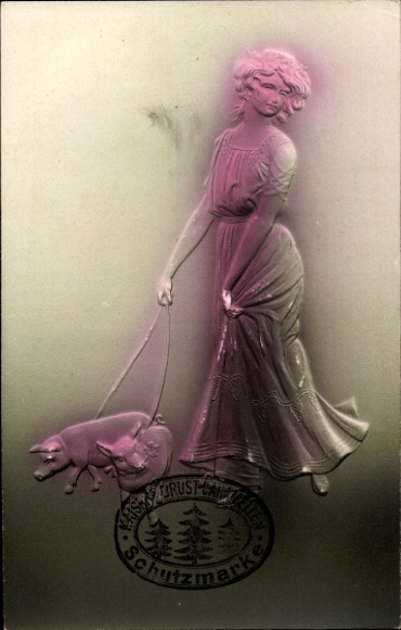 Jugendstil Präge Ak Dame führt zwei Schweine an der Leine, Reklame Kaisers Brust-Caramellen