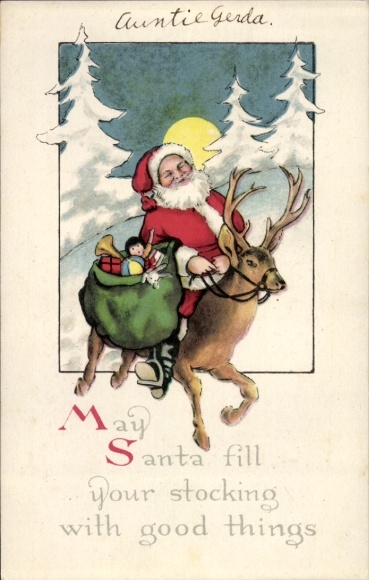 Ak Glückwunsch Weihnachten, Weihnachtsmann, Hirsch, Geschenke