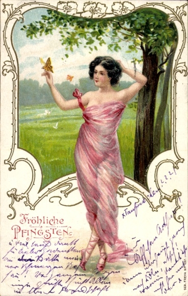 Litho Glückwunsch Pfingsten, Frau in pinkem Kleid, Schmetterling