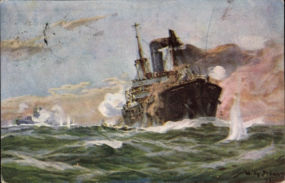 Künstler Ak Stöwer, Willy, Deutsches U Boot im Gefecht mit einem Handelsdampfer im Sperrgebiet