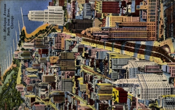 Ak Chicago Illinois USA, Luftaufnahme von  Michigan Avenue, Tribune Tower, Wrigley Building
