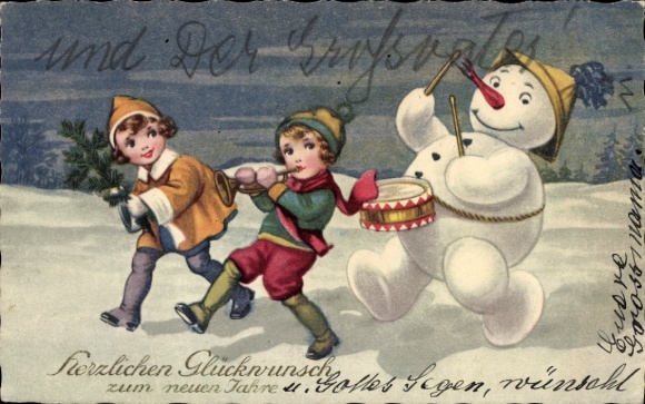 Ak Glückliches Neujahr, musizierende Kinder mit Schneemann