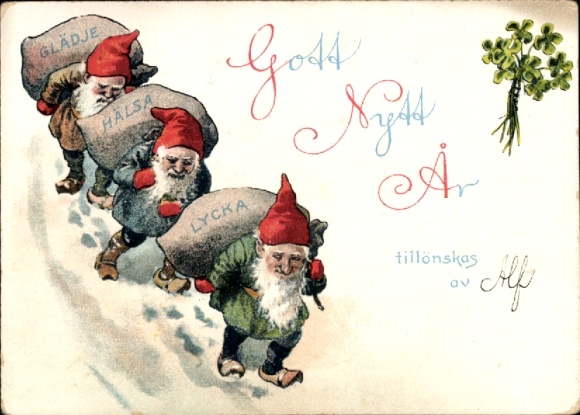 Künstler Ak Nyström, Jenny, Fröhliches Neujahr, Zwerge tragen Geldsäcke