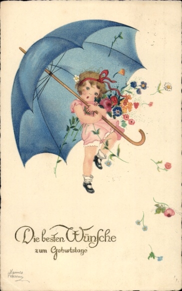Künstler Ak Petersen, Hannes, Glückwunsch Geburtstag, Blumen, Mädchen mit Regenschirm