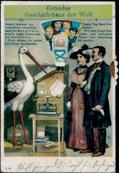 Mechanische Ak Größtes Geschäftshaus der Welt, Eheleute machen Bestellung beim Storch