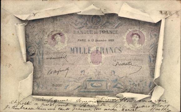 Geldschein Ak Banknote, Mille Francs