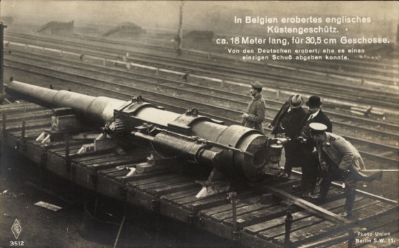 Ak In Belgien erobertes englisches Küstengeschütz, 18 Meter lang, für 30,5cm Geschosse, 1. WK