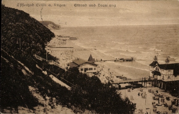 Ak Ostseebad Sellin auf Rügen, Strand, Seebrücke, Gebäude, Küste, Wellen