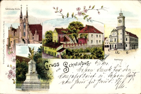 Litho Świebodzin Schwiebus Ostbrandenburg, Katholische Kirche, Schloss, Kriegerdenkmal, Rathaus