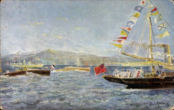 Künstler Ak Paul M..., Kriegsschiffe auf dem Wasser, Fahnen