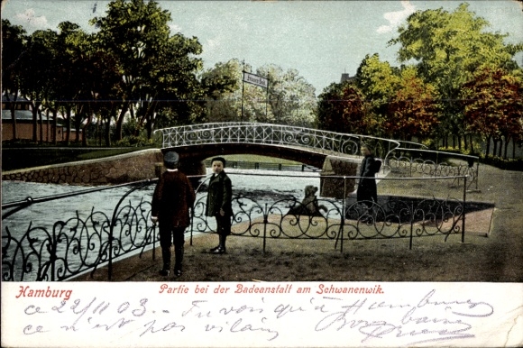 Ak Hamburg Nord Hohenfelde, Schwanenwik, Badeanstalt, Brücke