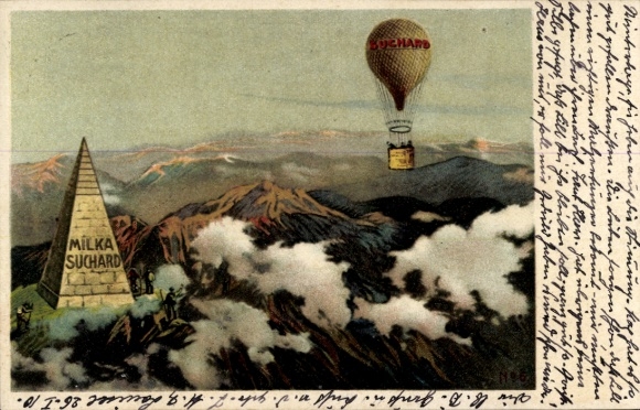 Litho Reklame, Milka, Suchard, Ballon über den Alpen