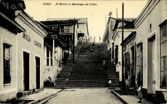 Ak Santiago de Cuba Kuba, Straße, Häuser, Treppen