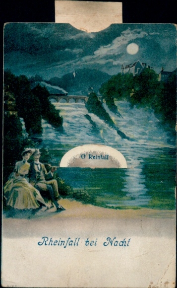 Leporello Ak Rheinfall Kanton Schaffhausen, Wasserfall bei Nacht, Liebespaar