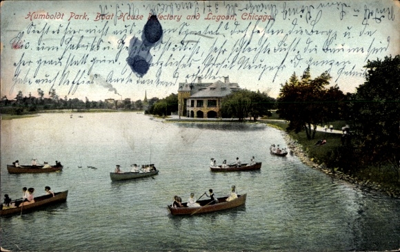 Ak Chicago Illinois USA, Humboldt Park, Bootshaus, Lagune,  Boote, Menschen
