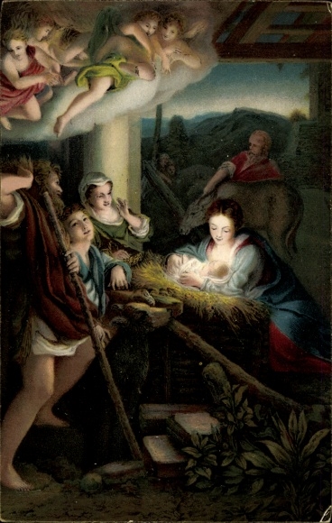 Künstler Ak Correggio, Frohe Weihnachten, Die heilige Nacht, Krippenszene, Engel