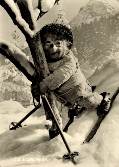 Ak Mecki der Igel als Skifahrer, Gut angekommen