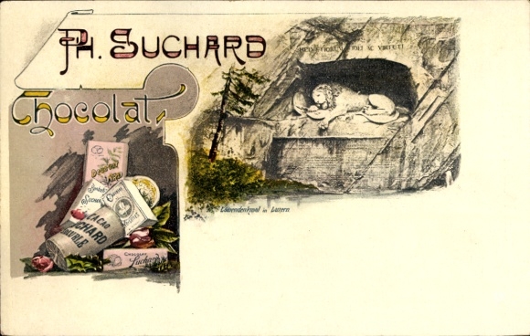 Ak Luzern Stadt Schweiz, Löwendenkmal, Suchard Chocolat, Reklame