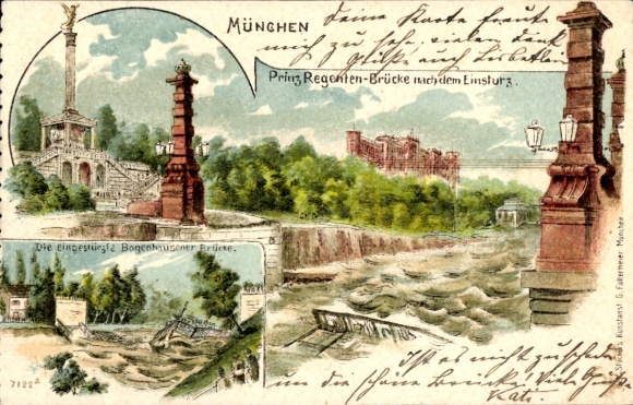 Litho Bogenhausen München, eingestürzte Bogenhausener Brücke, Prinzregentenbrücke nach Einsturz