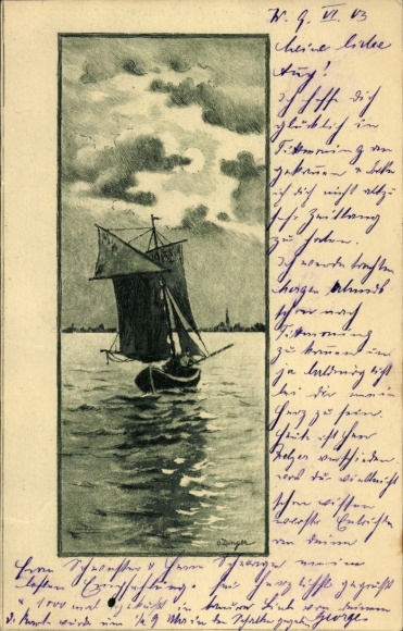 Künstler Ak Fischerboot im Mondschein