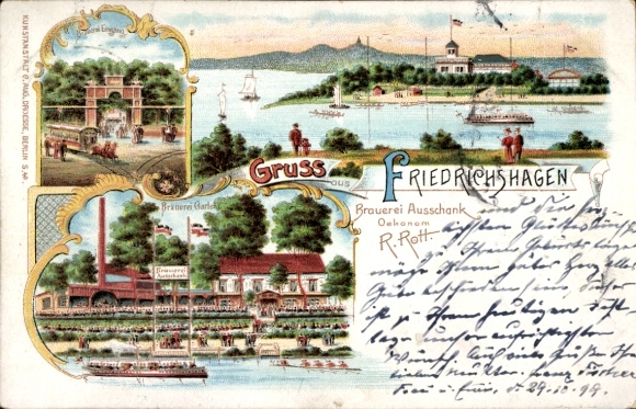 Litho Berlin Köpenick Friedrichshagen, Brauerei Ausschank, Garten am Müggelsee