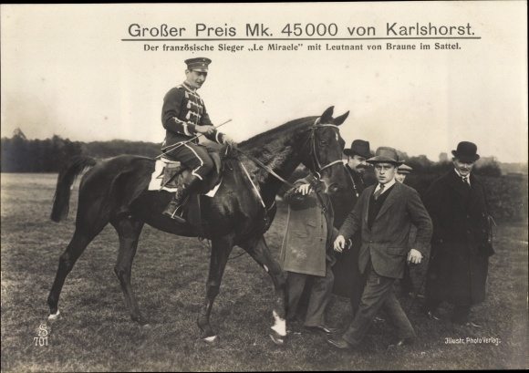 Ak Berlin Lichtenberg Karlshorst, Großer Preis, Sieger Rennpferd Le Miracle, Leutnant von Braune