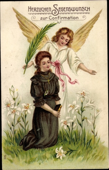 Präge Ak Glückwunsch Konfirmation, Betende Konfirmandin, Schutzengel, Weiße Lilien
