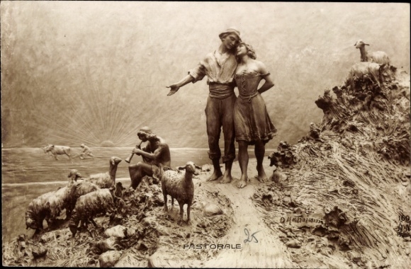 Künstler Ak Mastroianni, Domenico, Glückwunsch Ostern, Das Schäferspiel, Liebespaar, Busen, Hirten